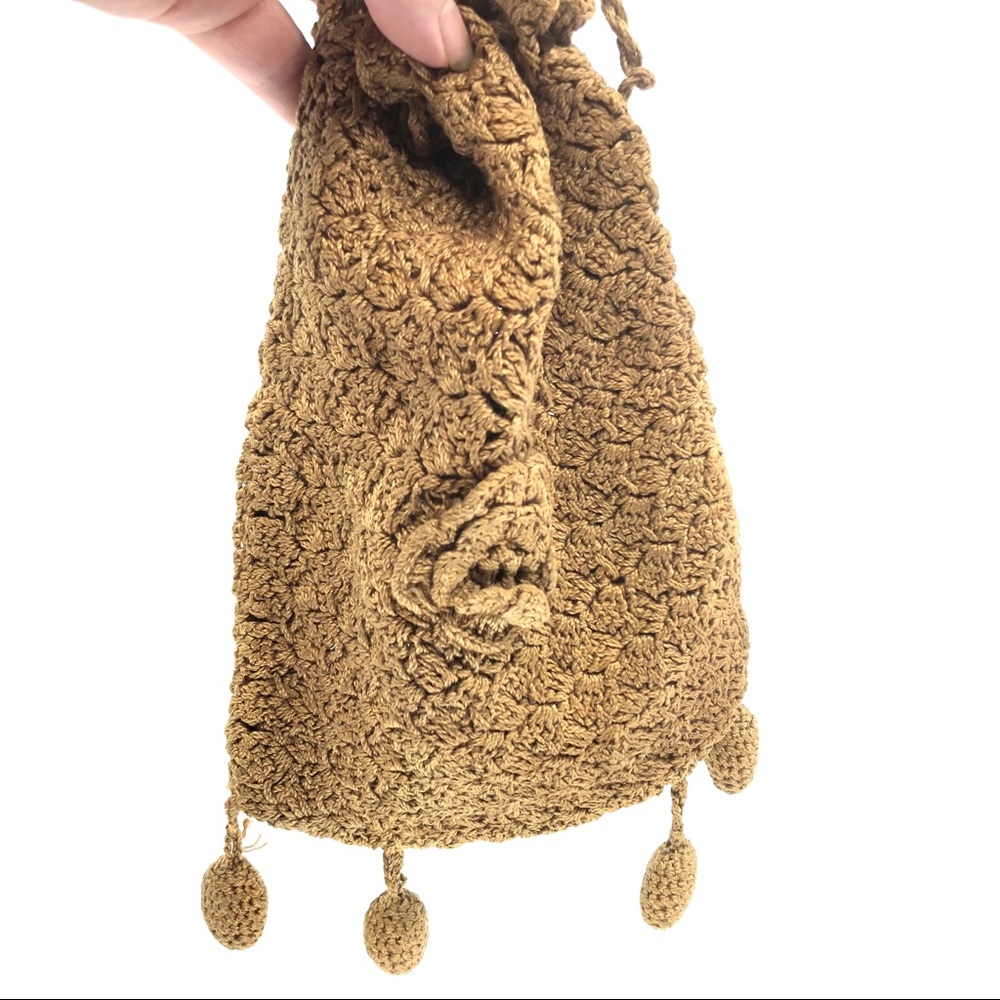 Victorian Brown Crochet Drawstring Reticule Bag - Picture 10 of 12